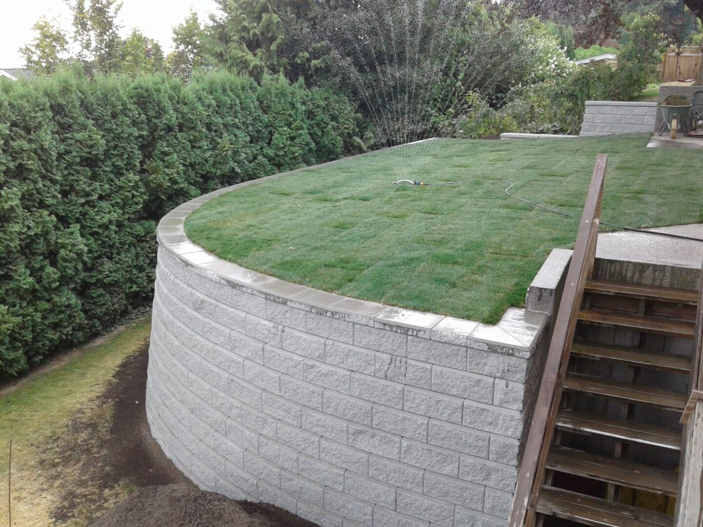 A curved retaining wall made of gray blocks with upper grass levels being watered by a sprinkler, surrounded by lush green bushes.