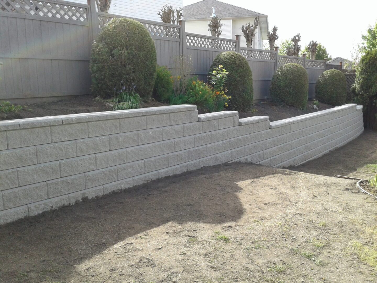 A landscaped backyard featuring a gray stone retaining wall, with shrubs and a tree behind the wall, and a grassless dirt area in the foreground.