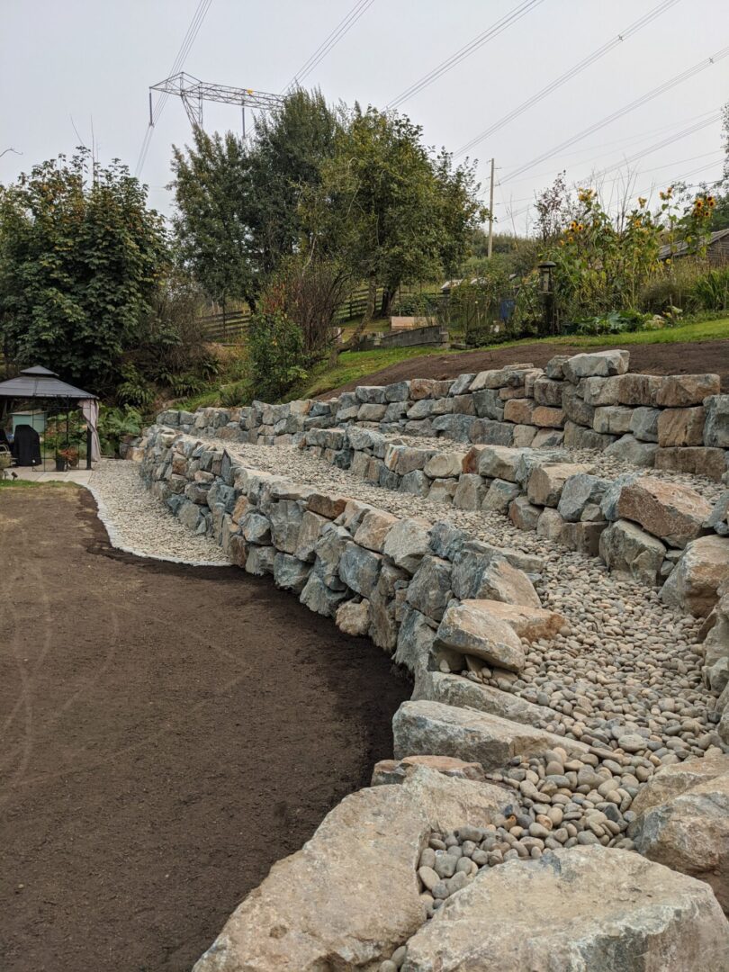 A rocky garden path lined with a stone retaining wall amidst terraced greenery under an overcast sky.