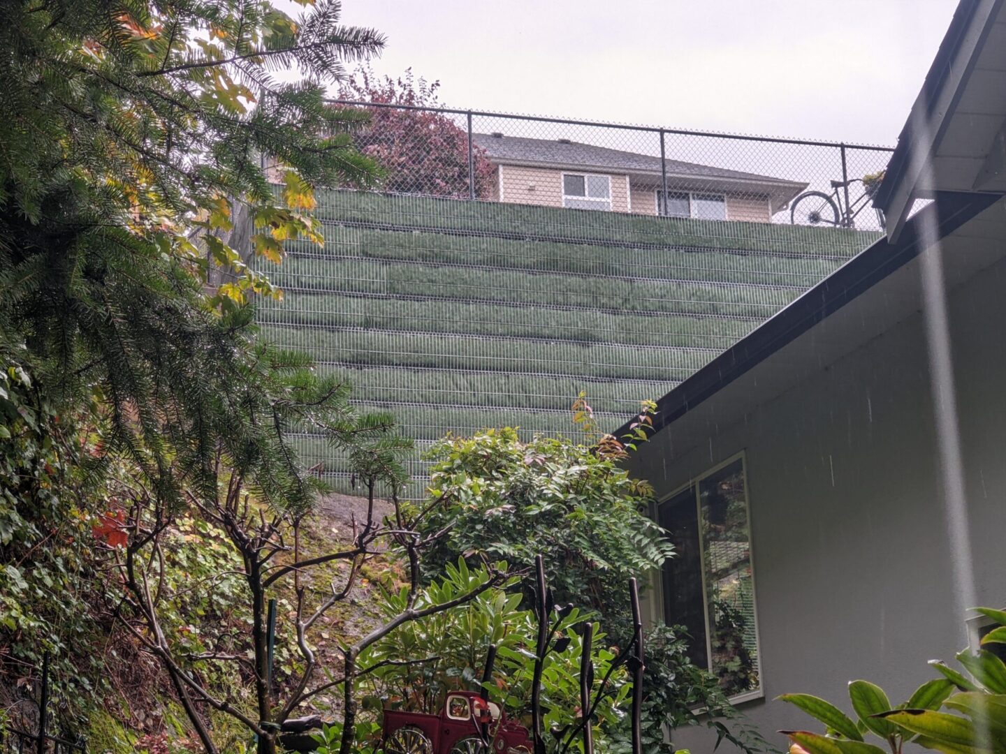 Rain falling on a garden beside a modern house with a view of a hill and a fence topped with barbed wire above.
