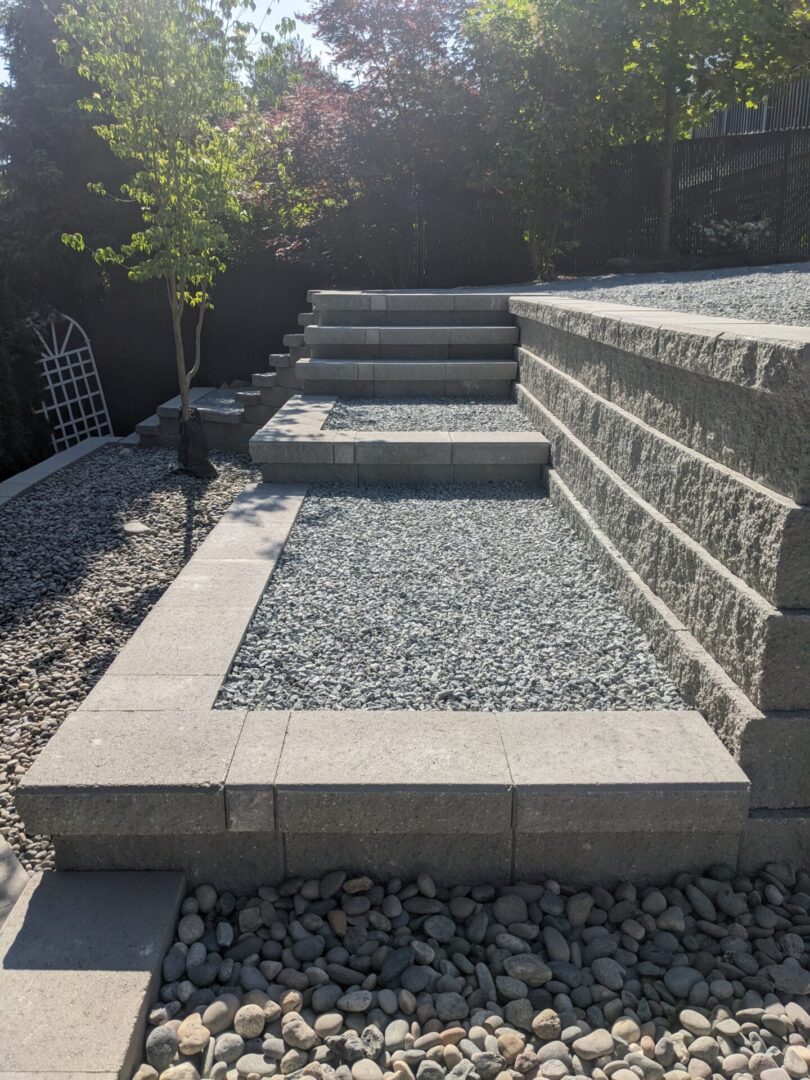 A landscaped garden featuring gray stone steps surrounded by smooth pebbles and small shrubs under sunlight.